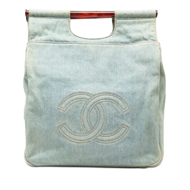 Blue Chanel CC Denim Tortoise Handle Tote in Blue Denim from Designer Revival