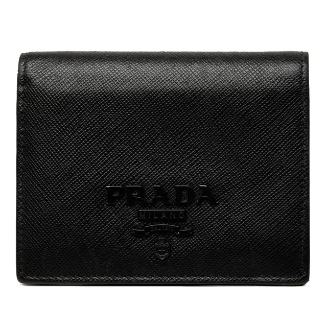 Black Prada Saffiano Bifold Compact Wallet Small Wallets in Black Saffiano leather from Designer Revival