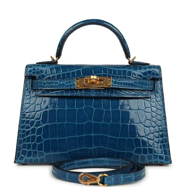 Hermès Kelly Sellier 20 Bleu Mykonos Shiny Alligator Gold Hardware in Blue Crocodile from Madison Avenue Couture