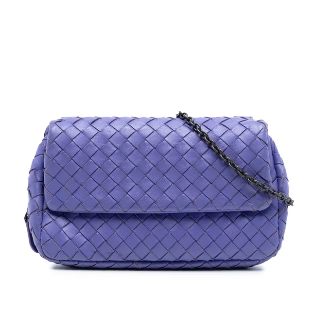 Purple Bottega Veneta Mini Nappa Intrecciato Expandable Chain Flap Crossbody in Purple Nappa leather from Designer Revival