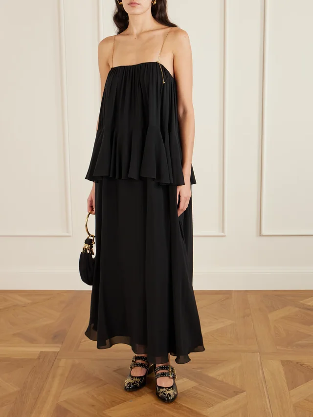 CHLOÉ Open-back embellished tiered silk-georgette maxi dress in Black, photo 2 of 2 from NET-A-PORTER (Canada)