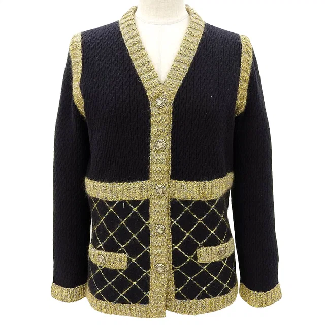 Chanel Cashmere Camellia Button Cardigan #38 Black/Yellow in Black Cashmere from VINTAGE QOO TOKYO