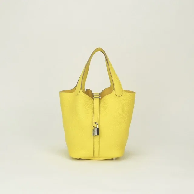 Hermès Picotin Lock PM Tote Taurillon Clemence Lime Yellow Silver in Yellow Clemence leather from The Reluxe