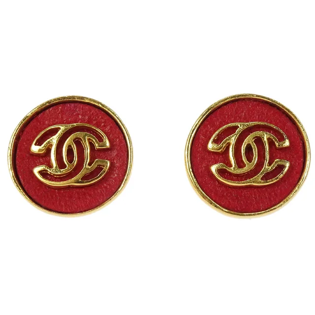 Chanel Button Pierced Earrings Gold Red 03P in Red from AMORE Vintage Tokyo