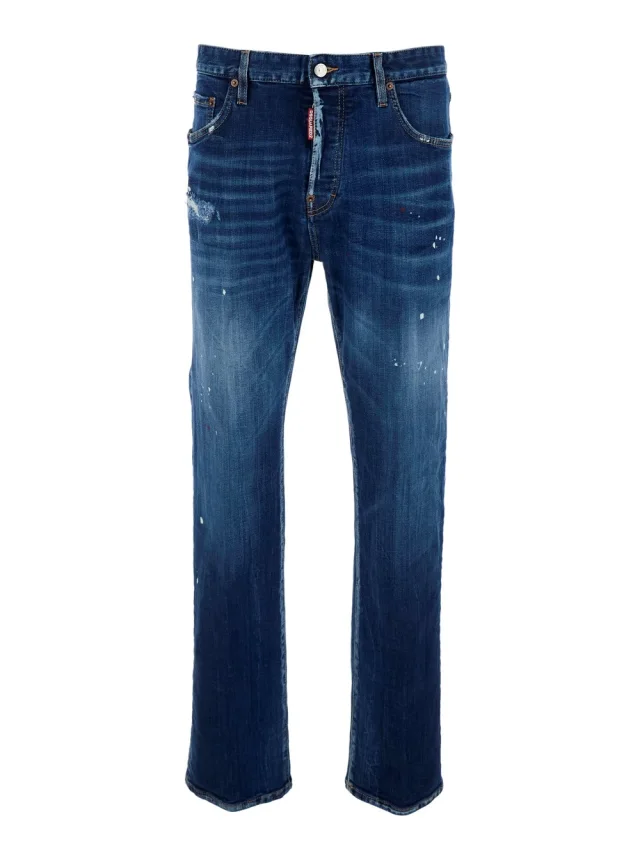 '643' Blue Jeans with Ripped Details All-Over and Logo Patch on the Back in Denim Men in Blue, image 1 of 1 from Gaudenzi Boutique