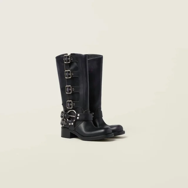 Miu Miu Women's Buckle Detail Boots in Leather from Snagged&Bagged