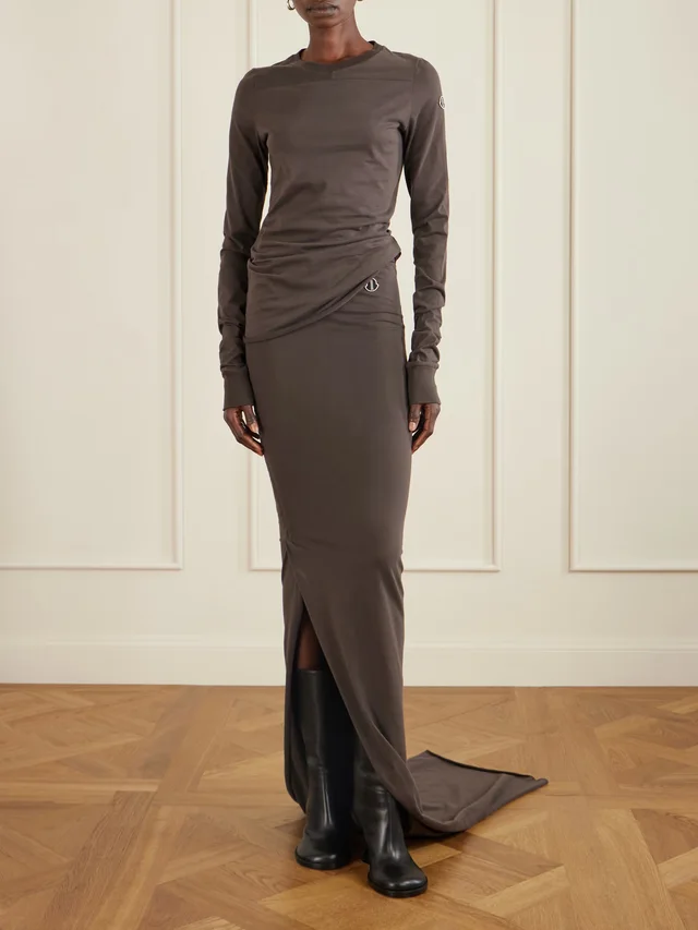 RICK OWENS + Moncler appliquéd cotton-jersey maxi skirt in Brown, photo 2 of 2 from NET-A-PORTER (Canada)