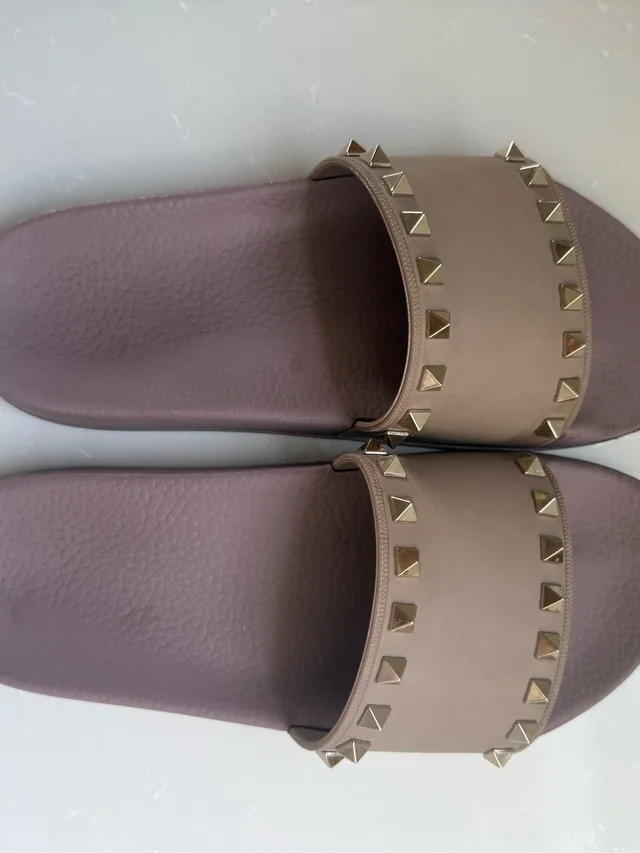 Valentino Garavani Mauve Slide Sandals With Gold Studs in neutral|pink|brown Leather from Poshmark