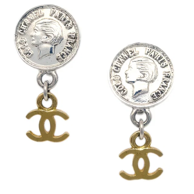 Chanel Medallion Dangle Earrings Gold Silver Clip-On 97P in Gold from AMORE Vintage Tokyo