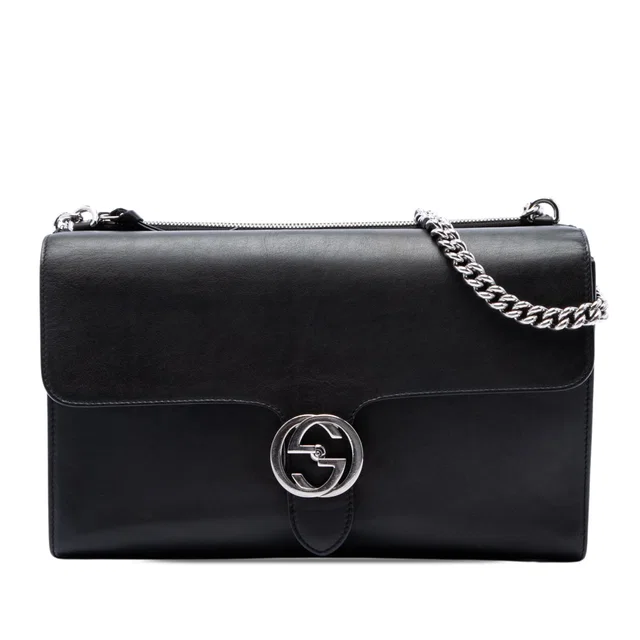 Black Gucci Medium Leather Dollar Interlocking G Crossbody in Black Leather from Designer Revival