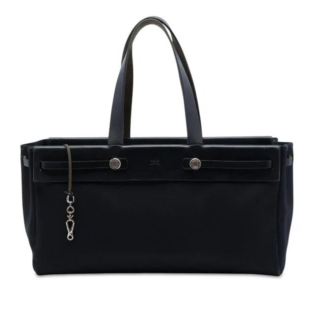 Black Hermès Toile and Vache Hunter Herbag Cabas MM Tote Bag in Black Canvas from Designer Revival