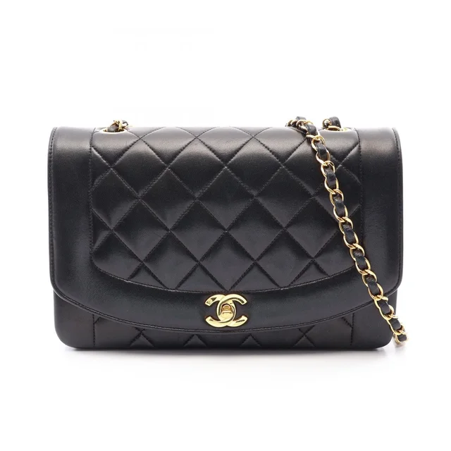 Chanel Shoulder Bag Quilted Diana Flap Black Lambskin Chain in Black Lambskin from The Reluxe