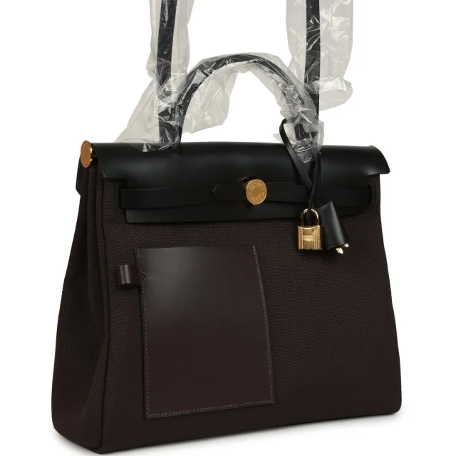 Hermès Herbag Zip Pocket PM 31 Ebene Militaire Canvas and Black Vache Hunter Gold Hardware in Brown/Black Canvas/Hunter from Madison Avenue Couture, photo 2 of 2