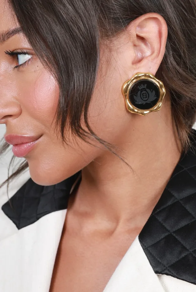 Fendi Gold and Black Vintage Circle Clip-On Earrings with Logo in Black Resin from Sellier, photo 3 of 5