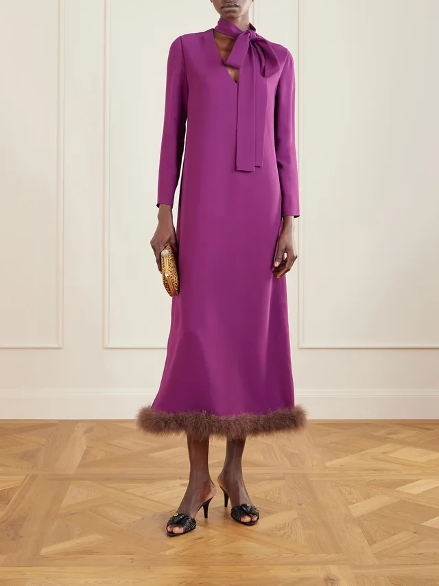 VALENTINO GARAVANI Tie-detailed feather-trimmed cady midi dress in Purple, photo 2 of 2 from NET-A-PORTER (Canada)