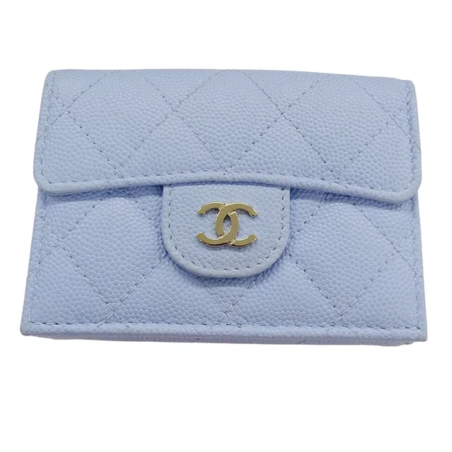 Chanel Wallet Trifold Caviar Leather Quilted Light Blue Gold Compact Mini in Blue Caviar leather from The Reluxe