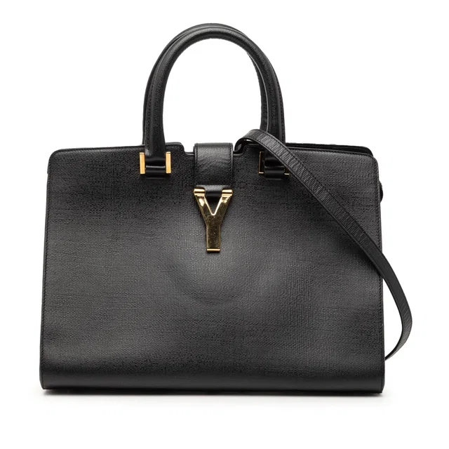 Black Saint Laurent Small Textured Leather Cabas Chyc Satchel in Black Leather from Designer Revival