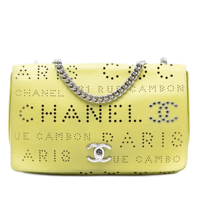 Yellow Chanel Perforated Calfskin Logo Eyelet Flap Crossbody Bag in Yellow Calfskin from Designer Revival