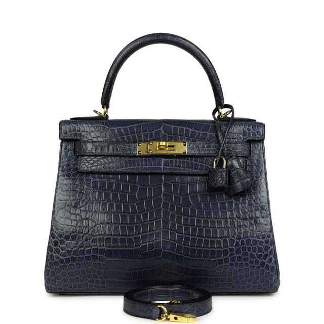 Hermès Kelly Retourne 28 Bleu Nuit Satin Matte Porosus Crocodile Gold Hardware in Navy Crocodile from Madison Avenue Couture