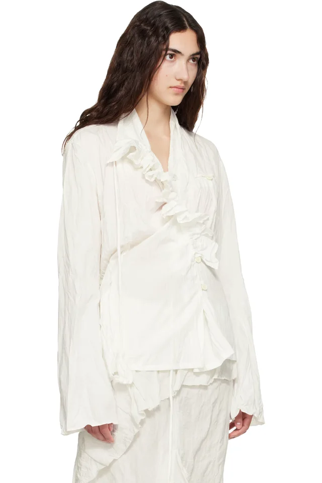 OPEN YY White Unbalanced Ruffle Blouse, photo 2 of 4 from SSENSE