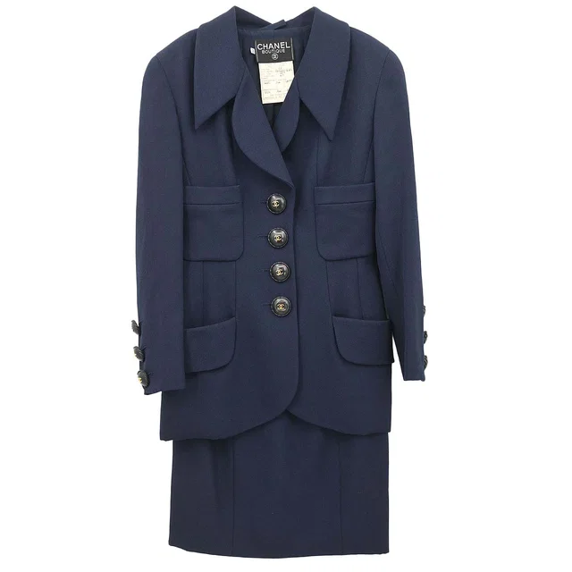 Chanel 1994 Setup Suit Jacket Skirt Navy #36 in Navy Wool from AMORE Vintage Tokyo