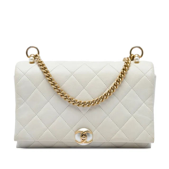 White Chanel Small Quilted Calfskin Pearl CC Accordion Flap Crossbody Bag in White Calfskin from Designer Revival