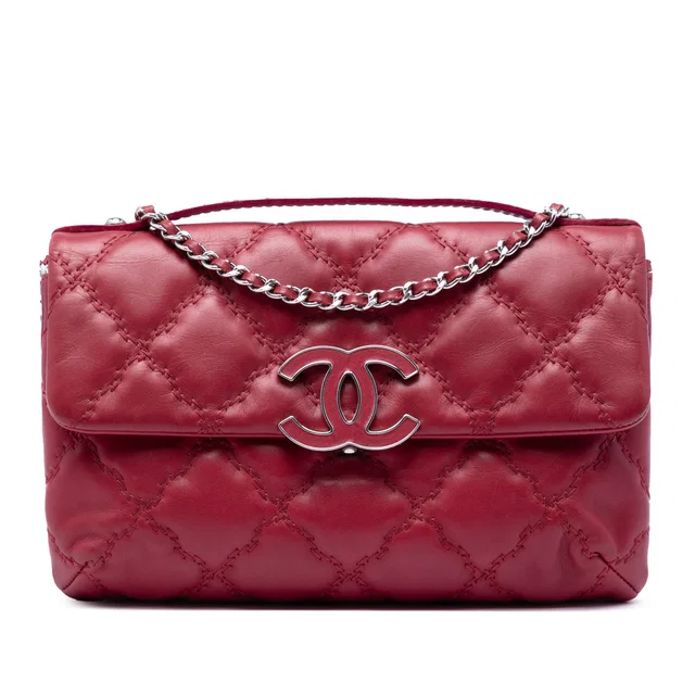Red Chanel Quilted Calfskin Double Stitch Hamptons Clutch with Chain Satchel in Red Calfskin from Designer Revival