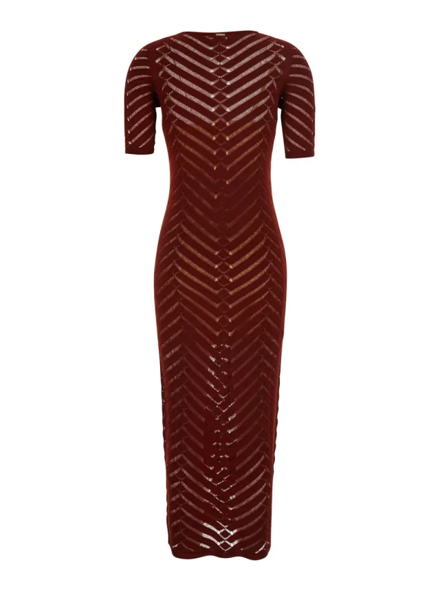 Twinset Bordeaux Long Dress with Crew Neck and All-Over Embroidery in Stretch Viscose Woman, photo 3 of 6 from Gaudenzi Boutique