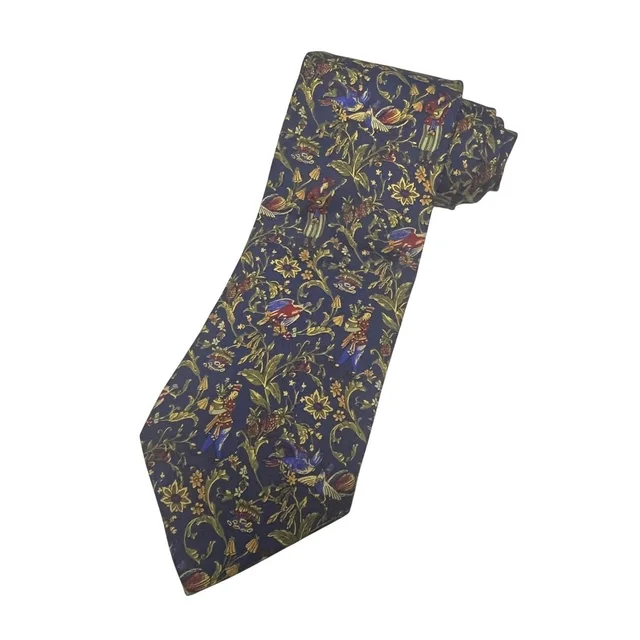 Ferragamo Mens Silk Tie Navy Blue Whimsical Bird Floral Print Italy in gold|blue Silk from Poshmark