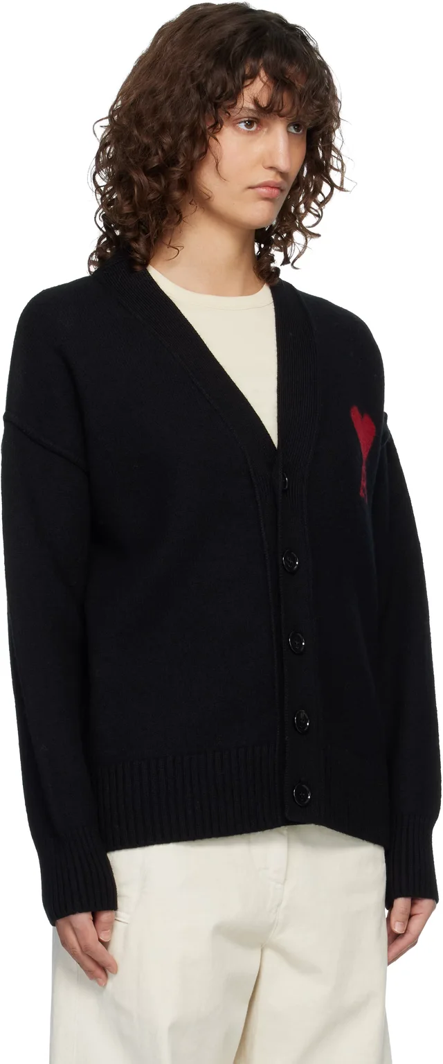 AMI Paris Black Wool Ami de Coeur Cardigan, photo 2 of 8 from SSENSE