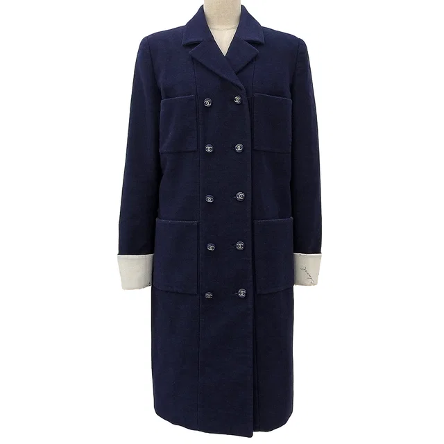 Chanel CC Mark Button Double-Breasted Coat #38 Navy in Navy from VINTAGE QOO TOKYO