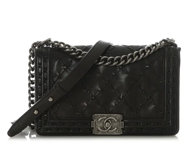 Chanel Old Medium Black Whipstitch Quilted Calfskin Boy Bag in Black Calfskin from Ann's Fabulous Finds