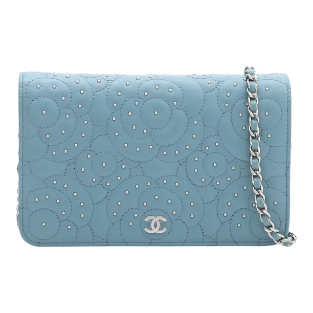 Chanel Circa 2017 Studded CC Mark Chain Wallet, Ice Blue in Blue Lambskin from VINTAGE QOO TOKYO