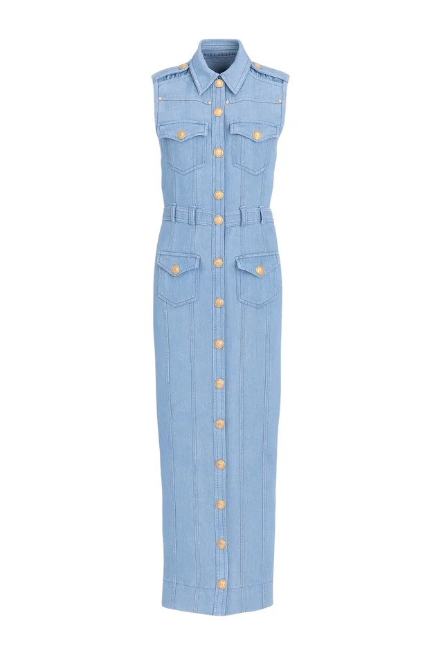 Balmain cotton and linen maxi dress in Denim from Designer Revival