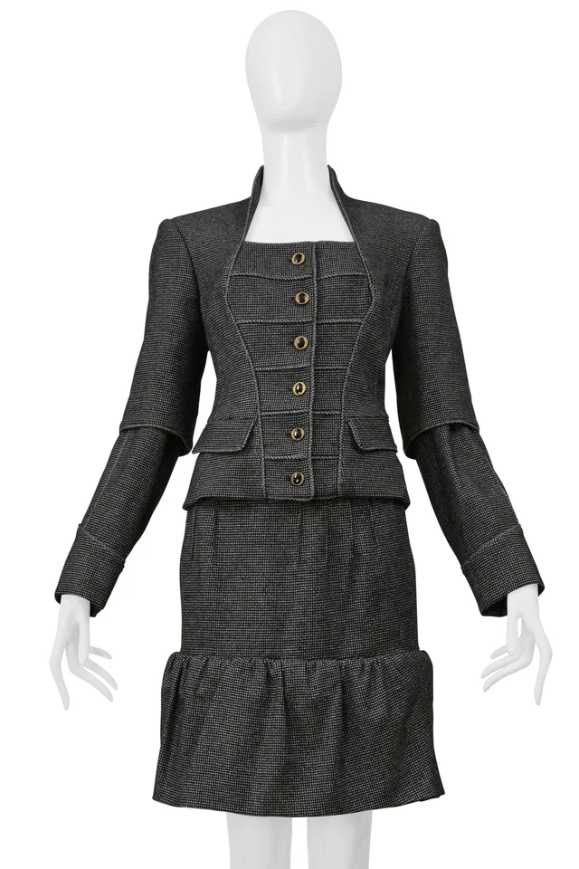 Saint Laurent Gray Mini Checkered Print Jacket And Skirt Suit Ensemble in Grey Silk from Resurrection Vintage