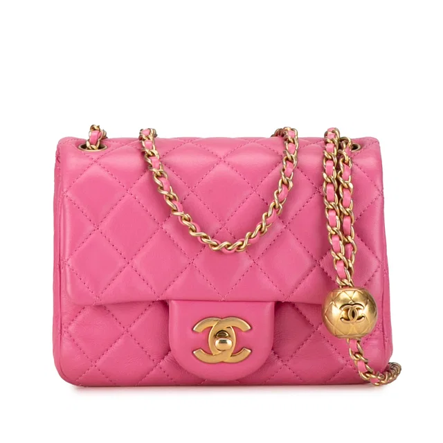 Pink Chanel Mini Square Classic Lambskin Pearl Crush Single Flap Crossbody Bag in Pink Lambskin from Designer Revival