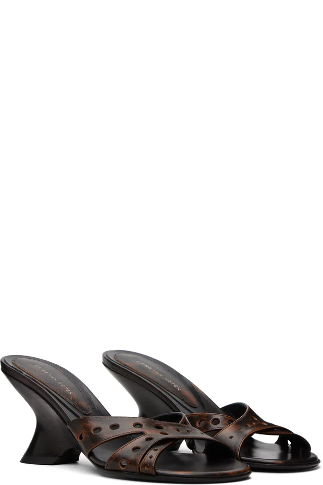 Dries Van Noten Black & Brown Leather Mule Heeled Sandals, photo 4 of 4 from SSENSE