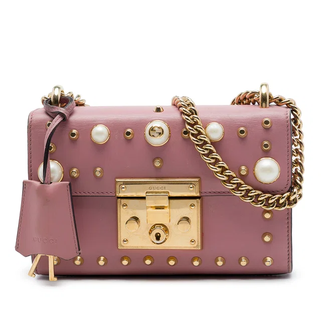 Pink Gucci Small Pearl Studded Leather Padlock Crossbody in Pink Leather from Designer Revival