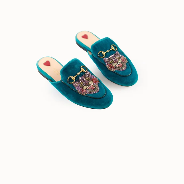 Gucci Teal Velvet Embroidered Princetown Loafers 35.5 in Blue Velvet from The Purse Affair