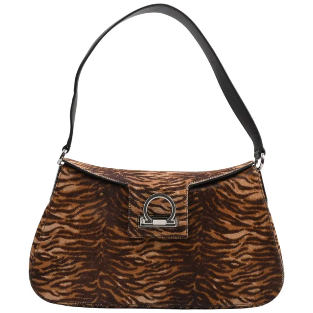 Ferragamo Gancini plate harakotai tiger pattern shoulder bag brown/black from VINTAGE QOO TOKYO