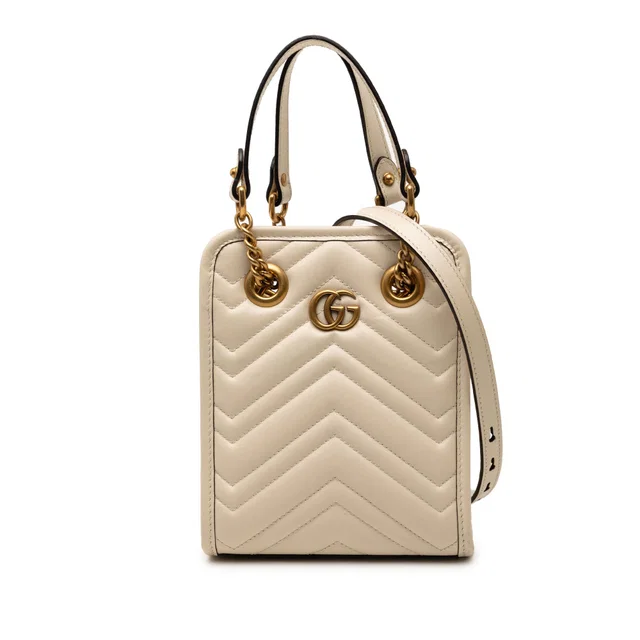 Beige Gucci Mini GG Marmont Matelasse Leather Satchel in Beige Leather from Designer Revival
