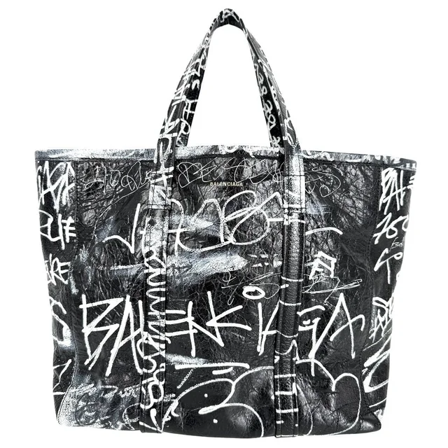 Balenciaga 2-Way Barbes Graffiti Tote Bag Shoulder Crossbody Leather Black White in Black Leather from The Reluxe