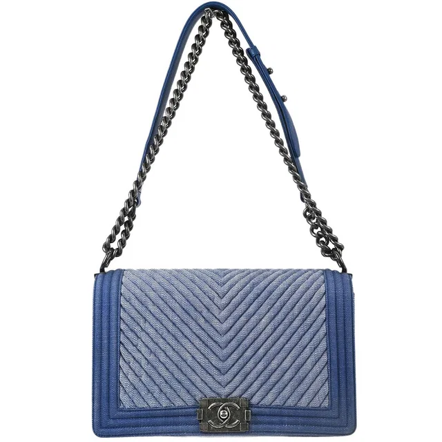 Boy Chanel 2014-2015 Blue Denim Chevron Medium Shoulder Bag in Blue Denim from AMORE Vintage Tokyo