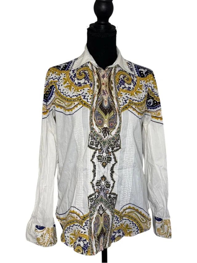 Etro White Paisley-Print Button-Front Shirt With Gold & Blue Accents in yellow|white Woven leather from Poshmark