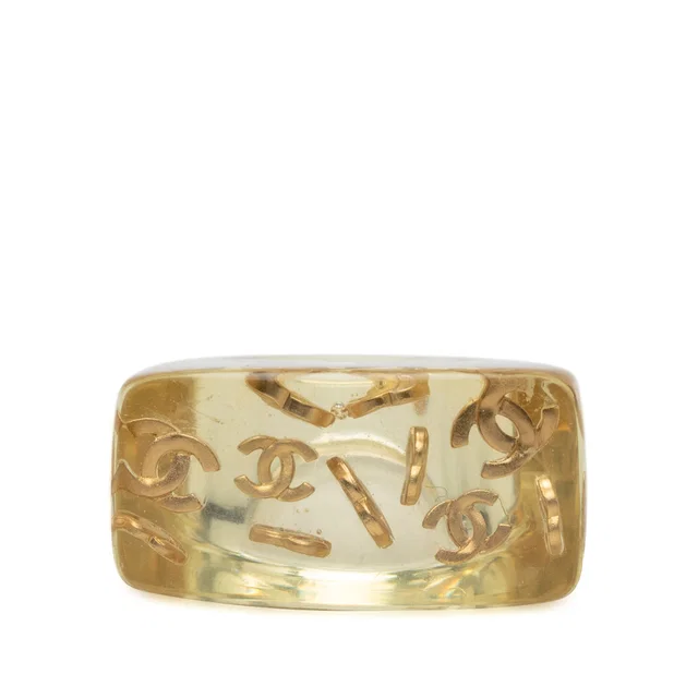 Gold Chanel CC Acrylic and Gold Plated Logo Ring in Gold Resin from Designer Revival