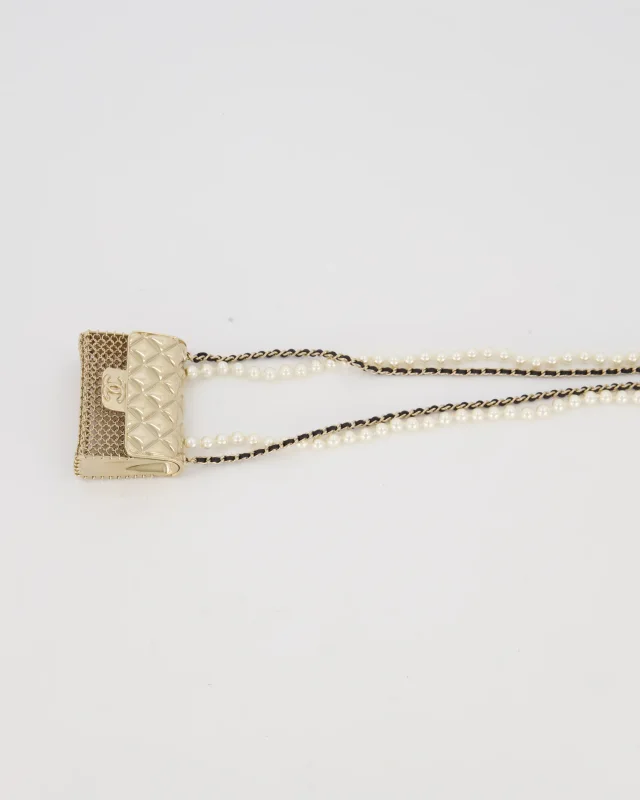 Chanel Gold Quilted Pearl Chain Necklace Featuring a Miniature Bag Pendant in Gold from Sellier, photo 4 of 7