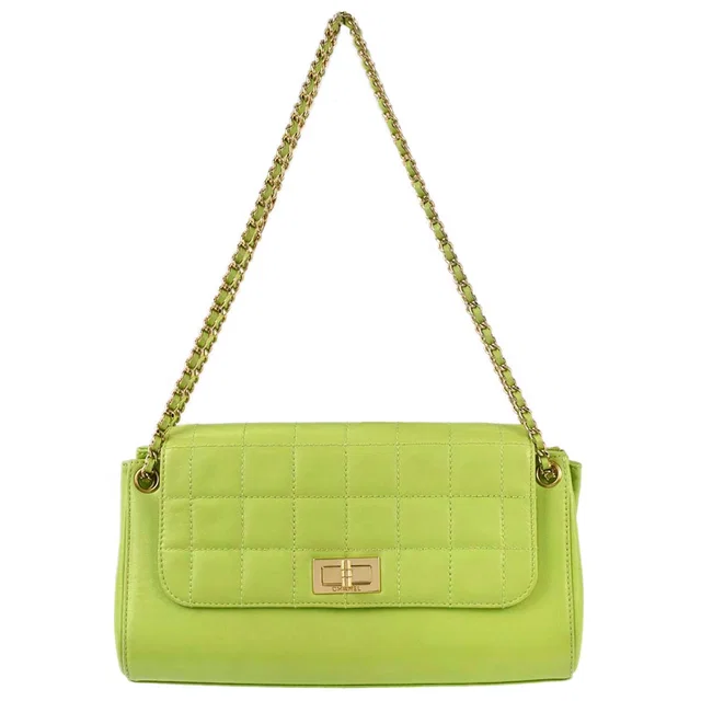 Chanel 2001-2003 Green Lambskin Choco Bar Mademoiselle Lock Shoulder Bag in Green Lambskin from AMORE Vintage Tokyo