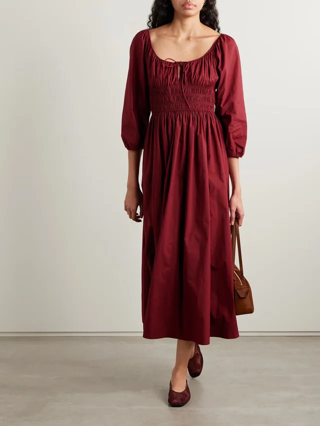 DÔEN Quintessa tie-detailed shirred organic cotton-poplin midi dress in Red, photo 2 of 2 from NET-A-PORTER (Canada)