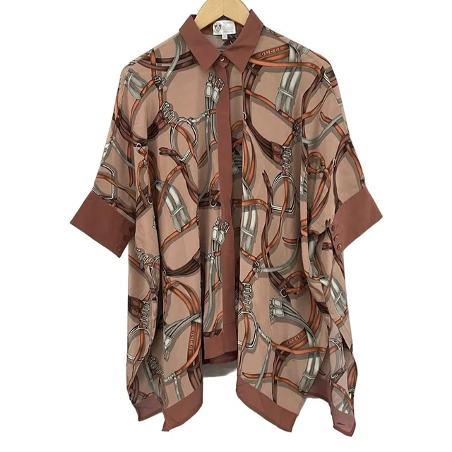 Gucci Three Quarter Sleeve Shirt Blouse M Pink Beige Brown Multi in Brown Silk from The Reluxe
