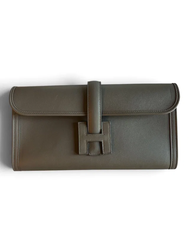 Hermès Etain Jige Elan Clutch Evercolor in Taupe from Luxury Promise